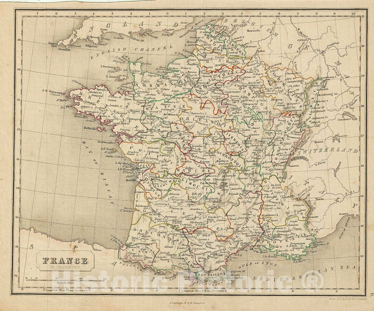 Historic Map : Chambers Map of France in Privinces, 1845, Vintage Wall Art