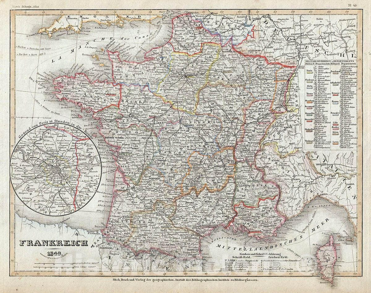 Historic Map : Meyer Map of France, 1849, Vintage Wall Art