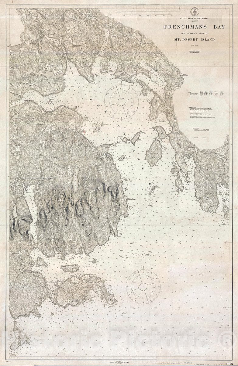 Historic Map : U.S. Coast Survey Chart of Frenchman's Bay, Mount Desert Island, Maine, 1916, Vintage Wall Art