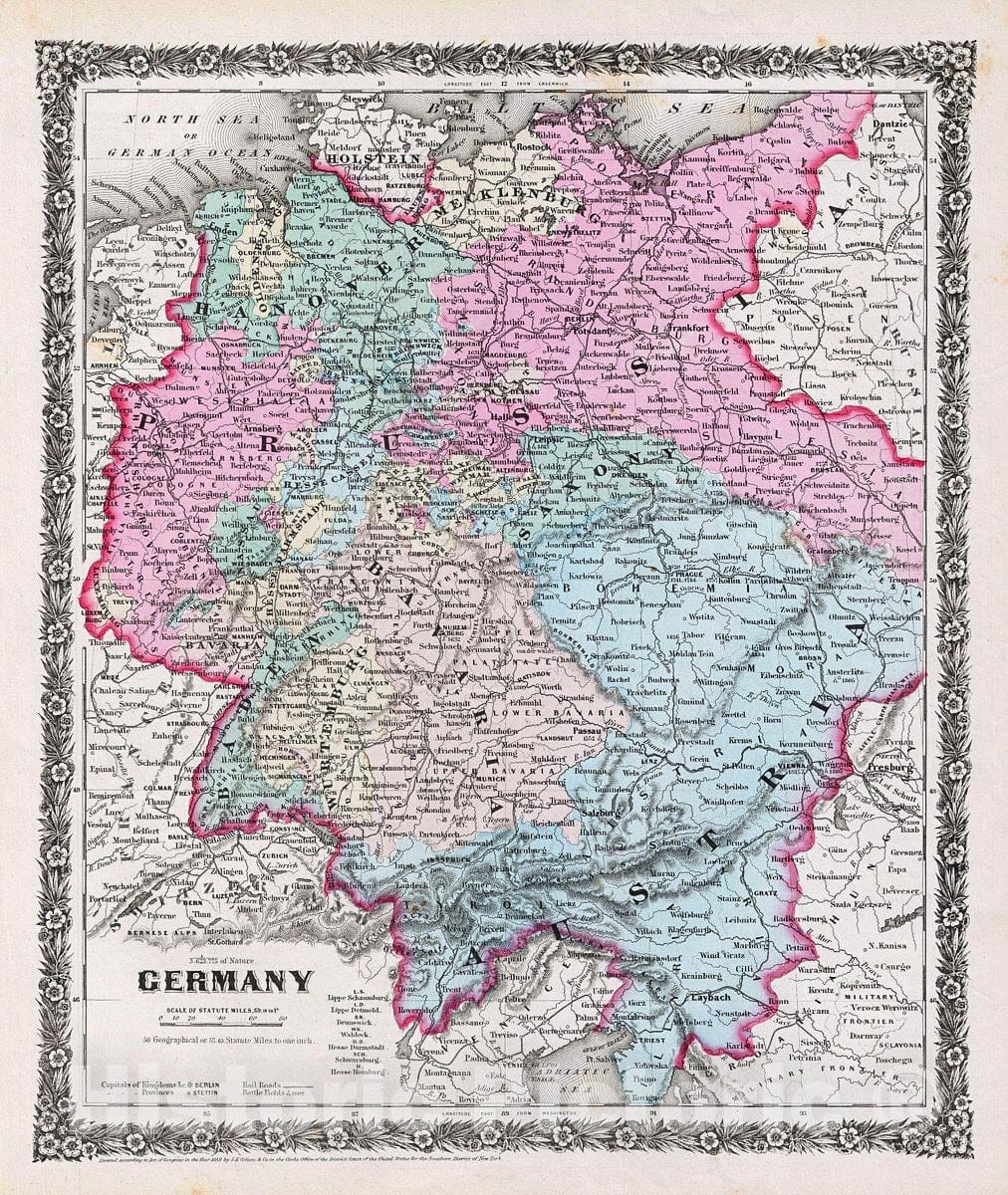 Historic Map : Colton Antique Map of Germany, 1858, Vintage Wall Art