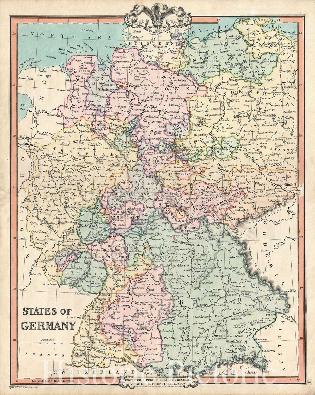 Historic Map : Cruchley Map of Germany, 1850, Vintage Wall Art