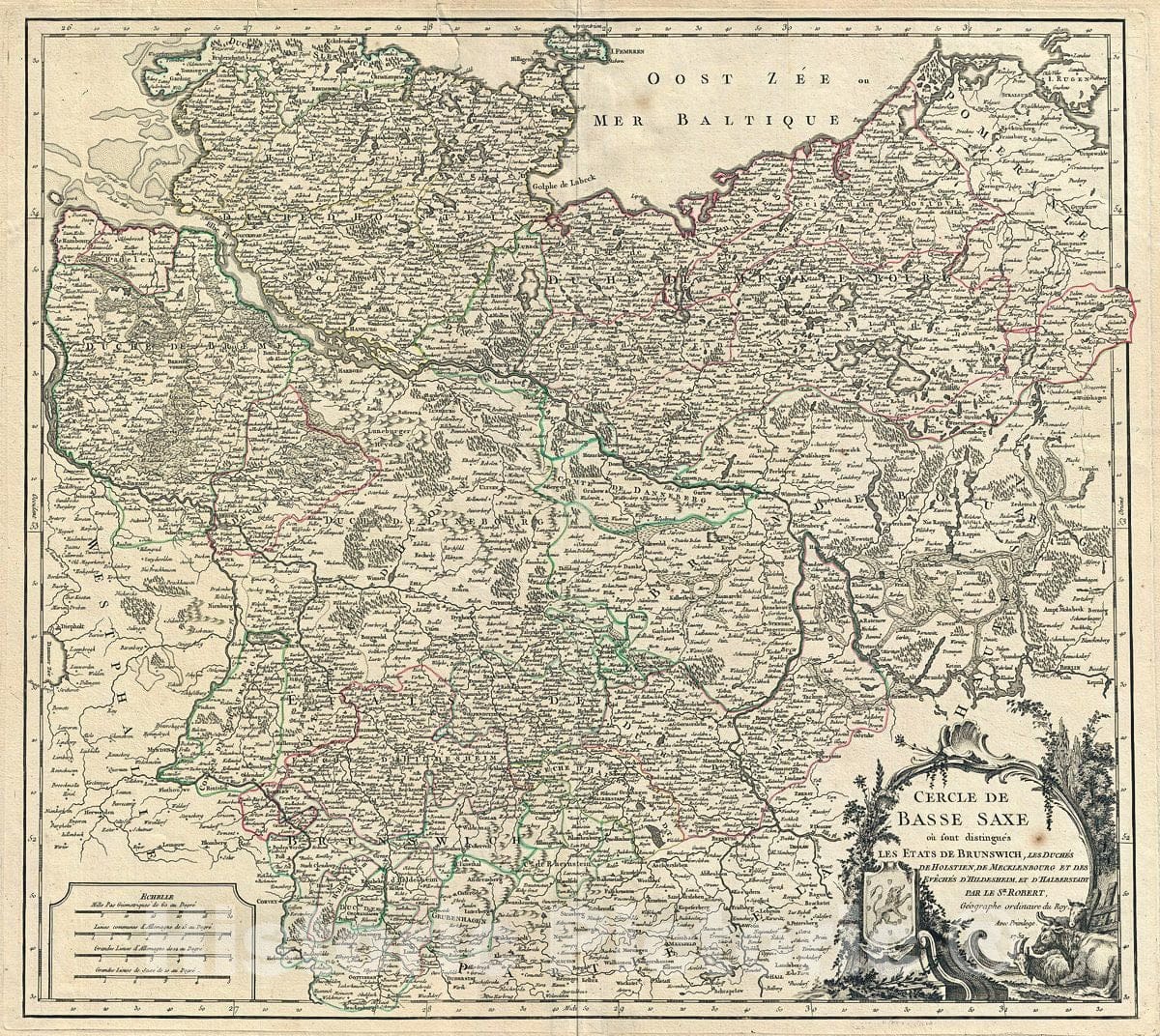 Historic Map : Vaugondy Antique Map of Lower Sain xony (Berlin Lubeck, Hamburg, Hanover, Bremen), 1752, Vintage Wall Art