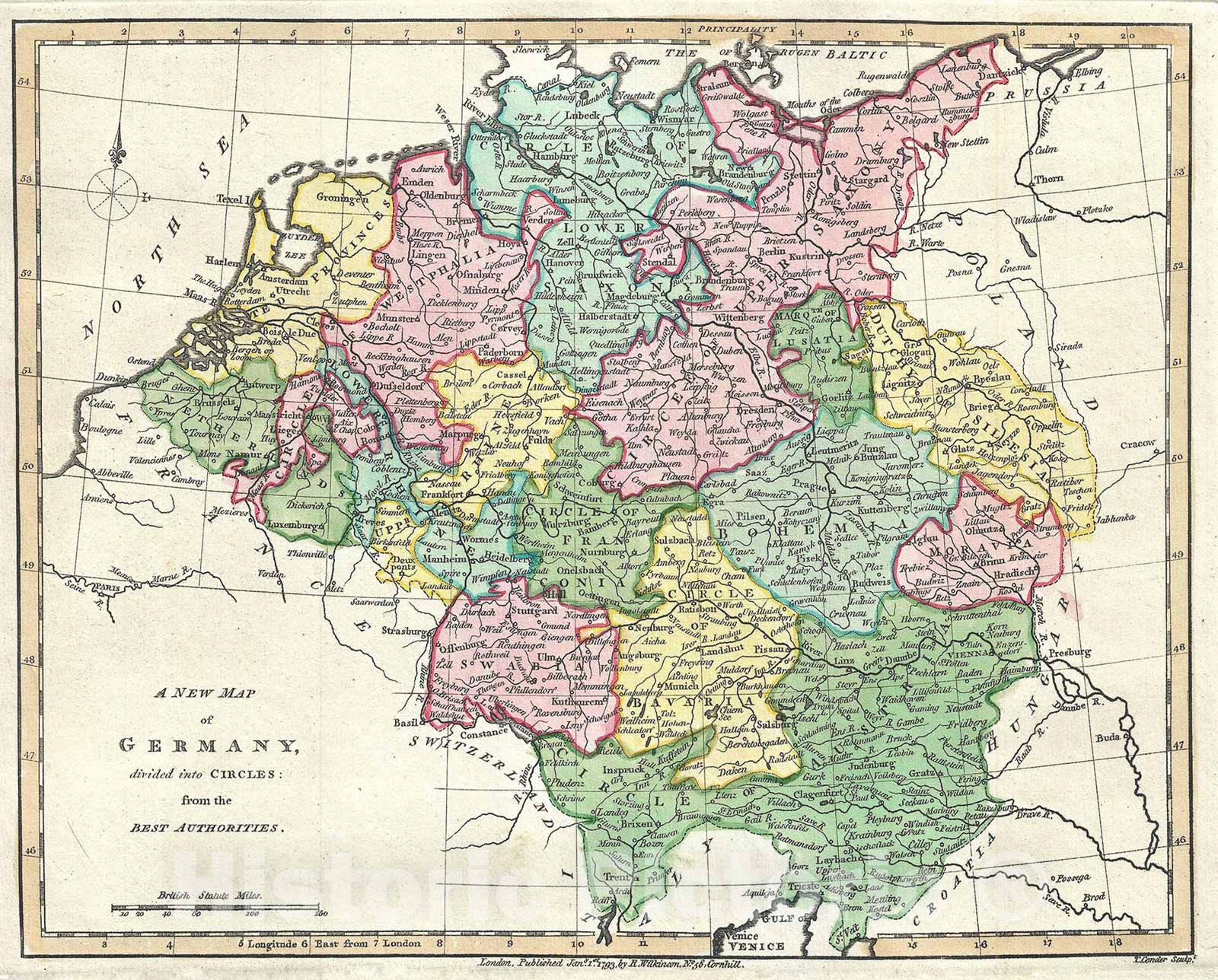 Historic Map : Wilkinson Map of Germany, 1793, Vintage Wall Art