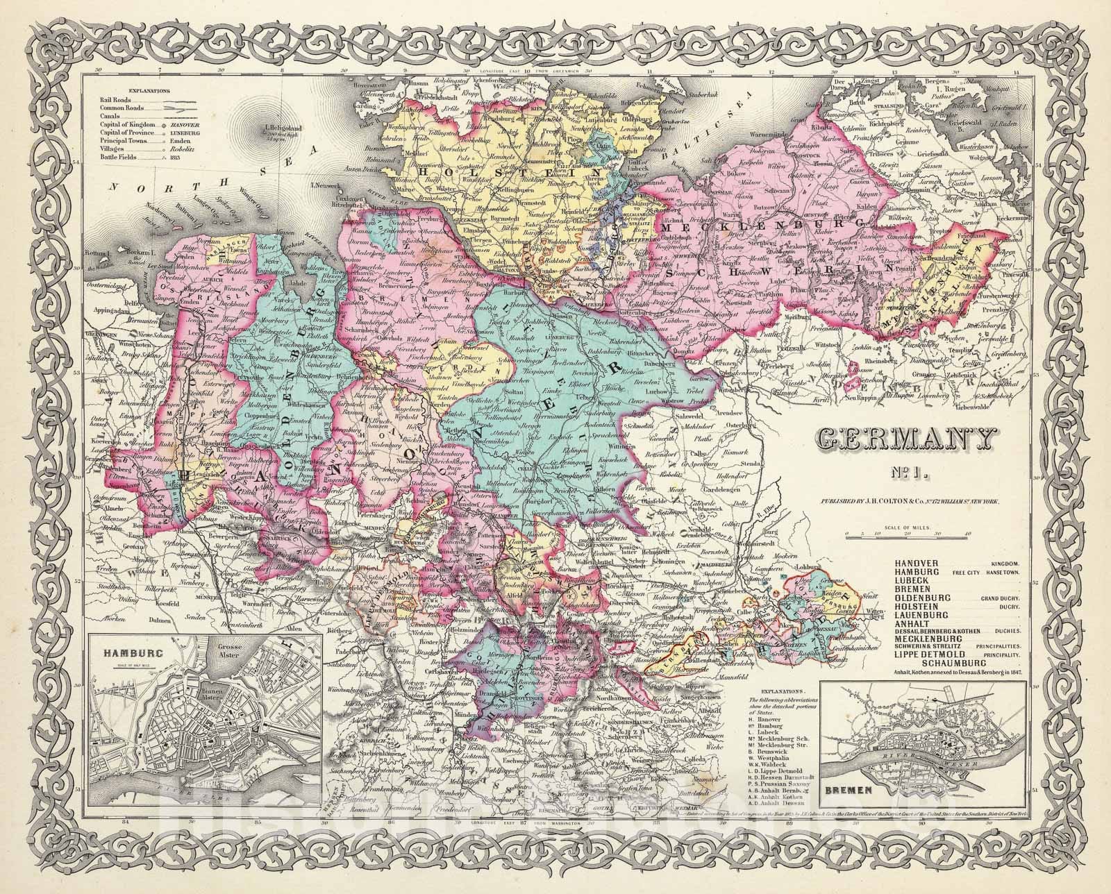Historic Map : Colton Map of Northern Germany: Hanover and Holstein, 1856, Vintage Wall Art