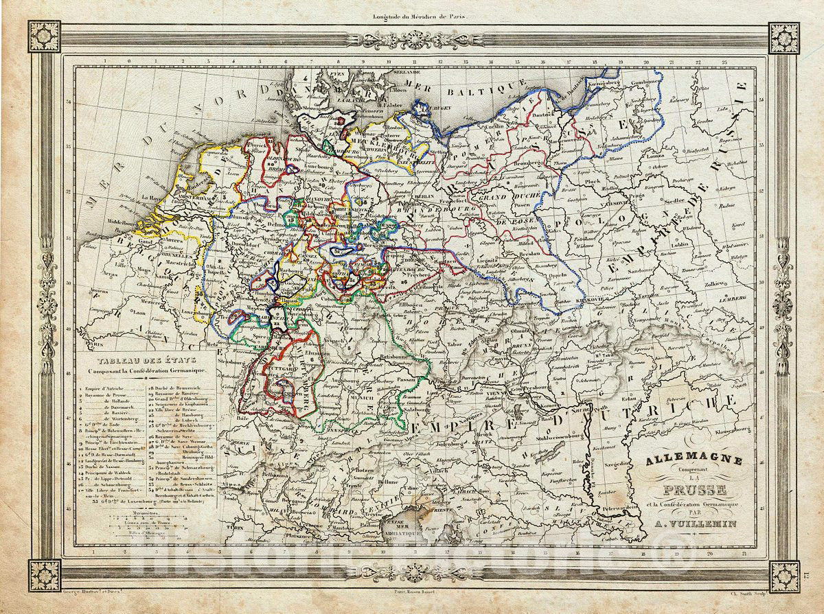 Historic Map : Vuillemin Map of Germany, Prussia and The Germanic Confederation, 1852, Vintage Wall Art