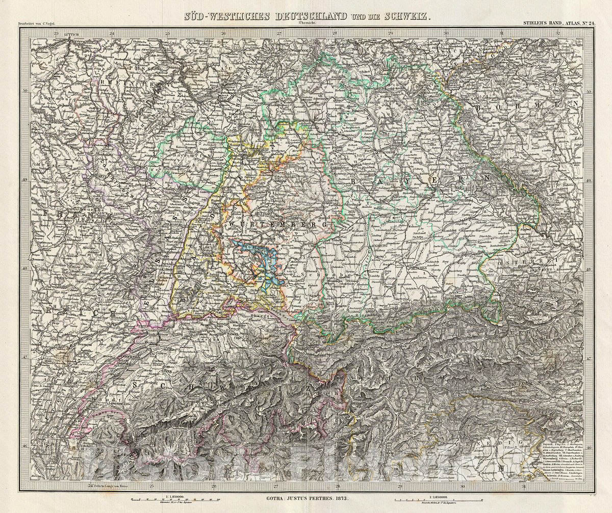 Historic Map : Stieler Map of Southwest Germany and Switzerland, 1873, Vintage Wall Art