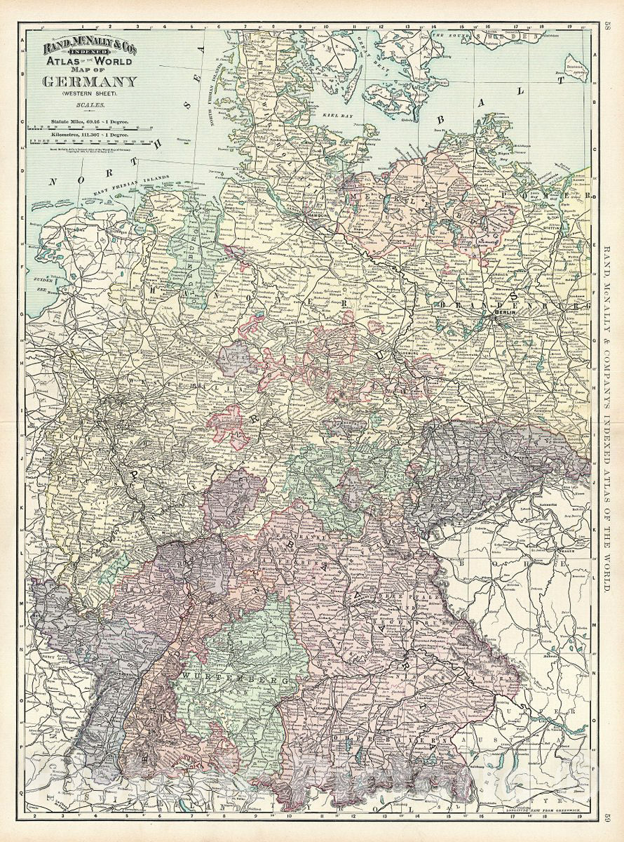 Historic Map : Rand McNally Map of Western Germany, 1891, Vintage Wall Art