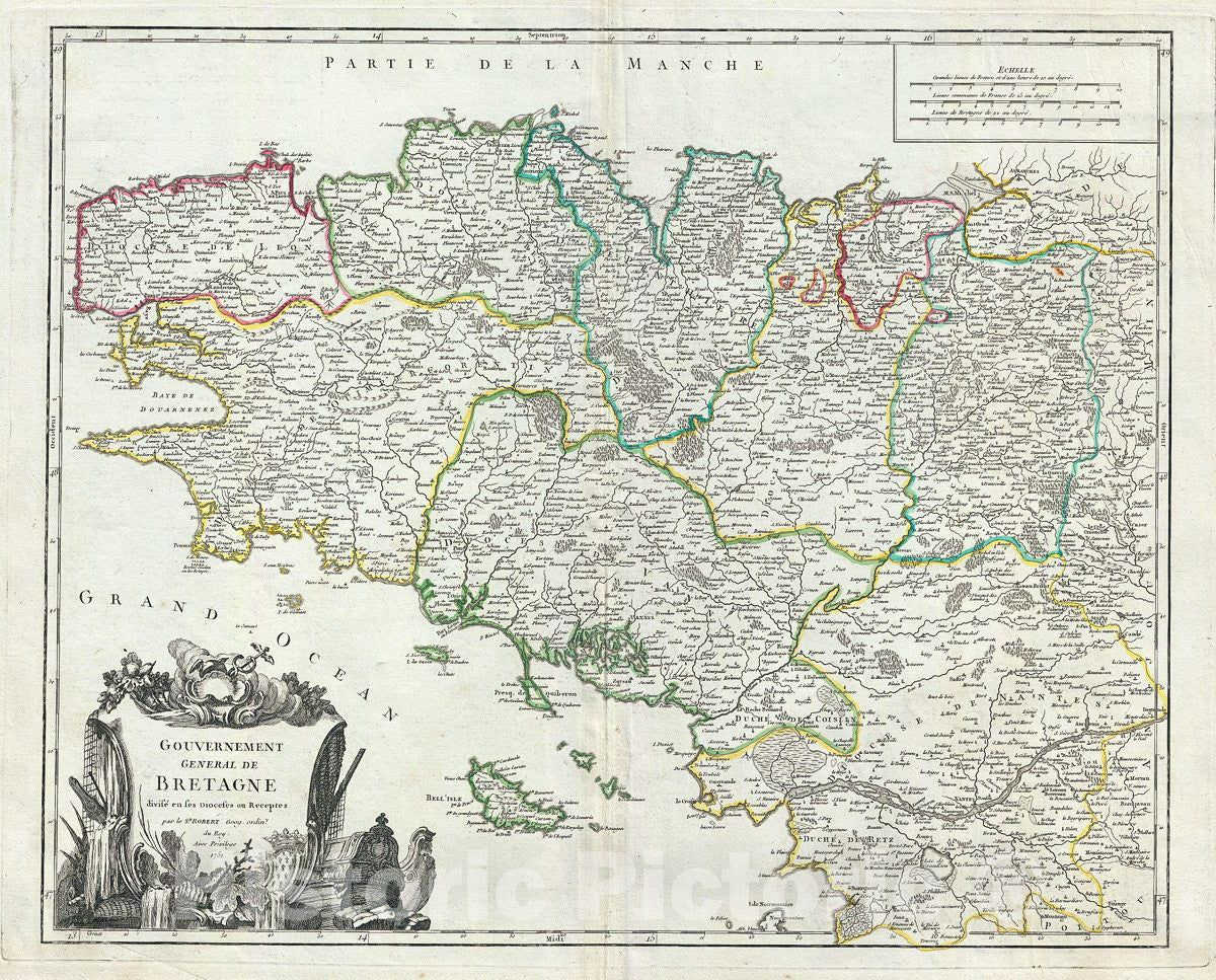Historic Map : Vaugondy Map of Brittany, France, 1751, Vintage Wall Art