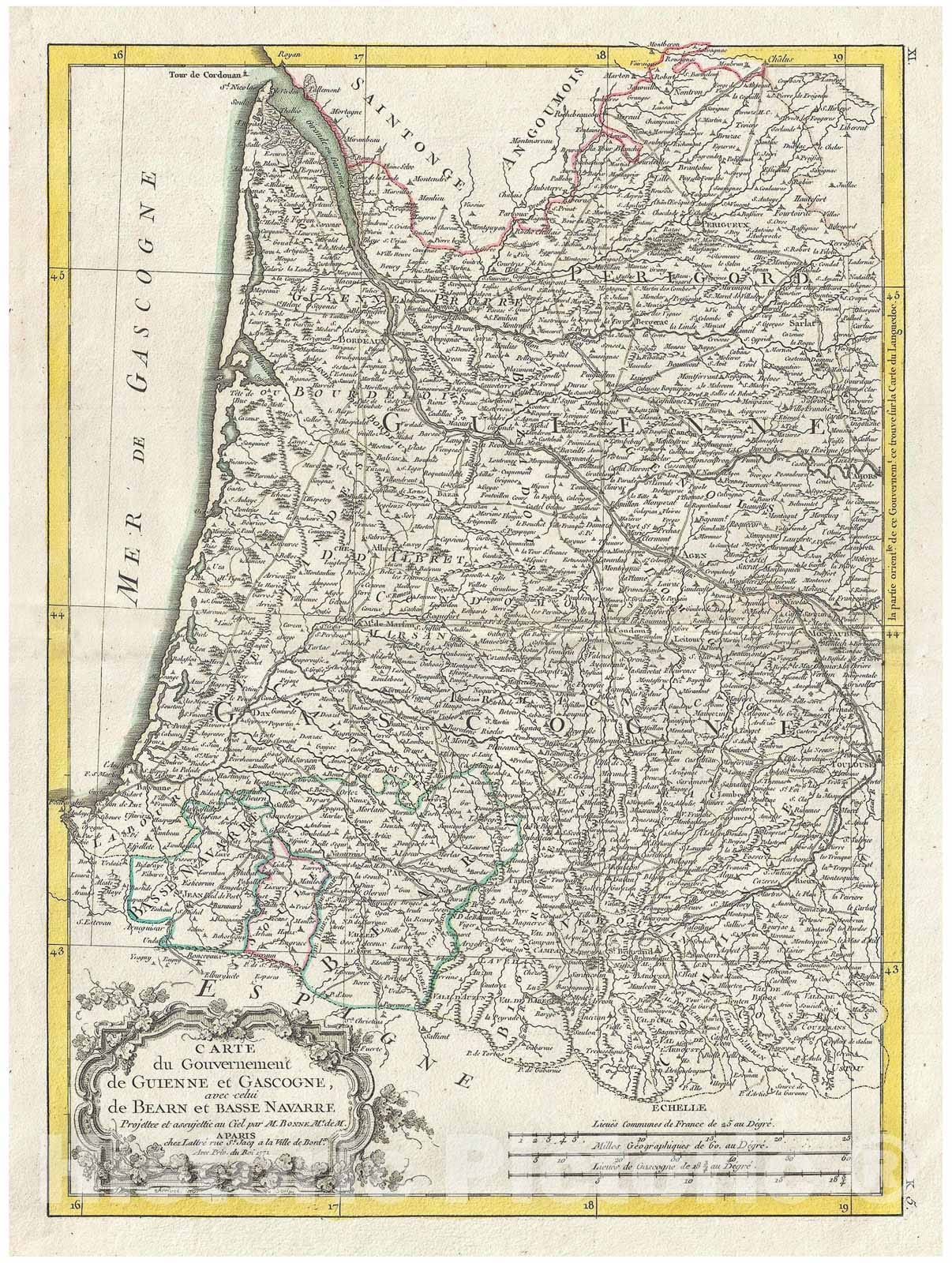 Historic Map : Bonne Map of Gironde and Gascony, France (Bordeaux Wine), 1771, Vintage Wall Art