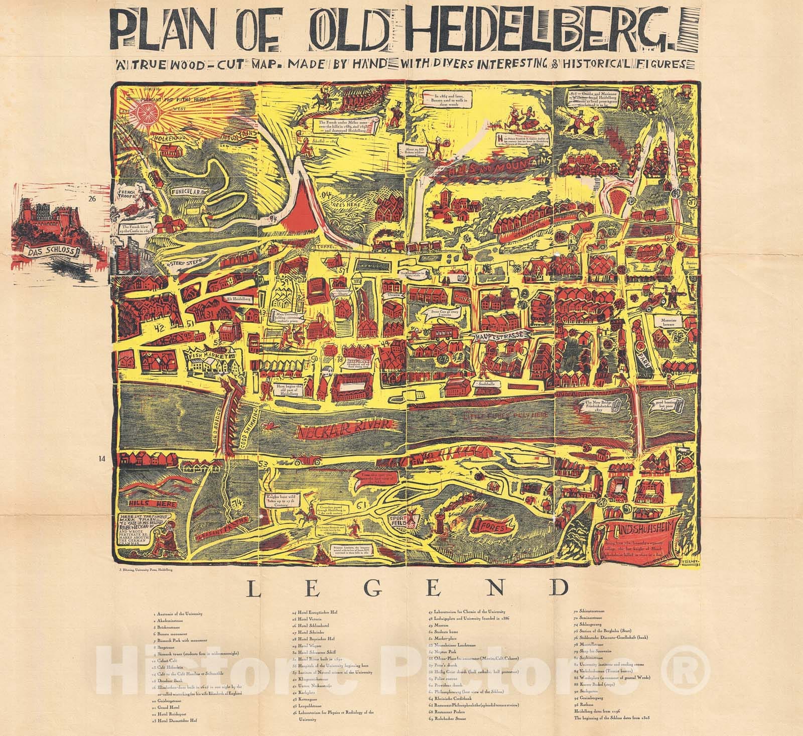 Historic Map : Darwn Teilhet Woodcut Antique Map of Heidelberg, 1929, Vintage Wall Art