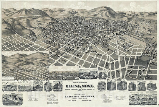Historic Map : Henry Wellge Bird'sEye View of Helena, Montana, 1890, Vintage Wall Art