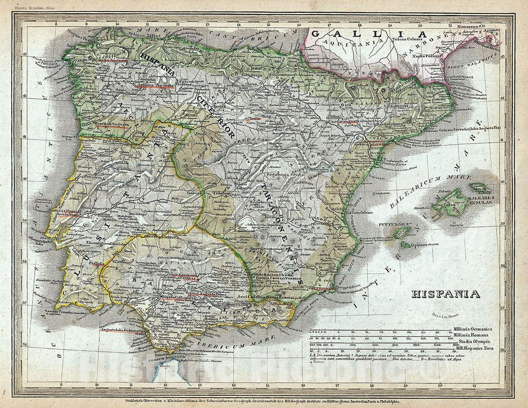 Historic Map : Meyer Map of Hispania or Spain and Portugal Under The Roman Empire, 1852, Vintage Wall Art