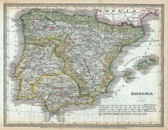Historic Map : Meyer Map of Hispania or Spain and Portugal Under The Roman Empire, 1852, Vintage Wall Art