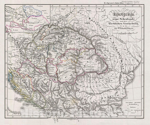 Historic Map : Spruner Map of Hungary with ecclasiastical divisions, 1854, Vintage Wall Art