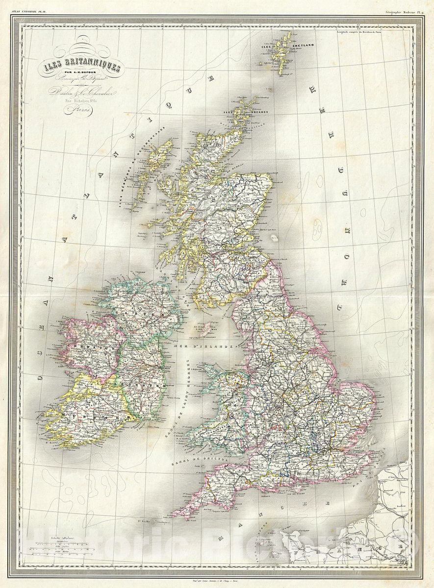 Historic Map : Dufour Map of The British Isles (Scotland, Ireland, England, Wales), 1860, Vintage Wall Art