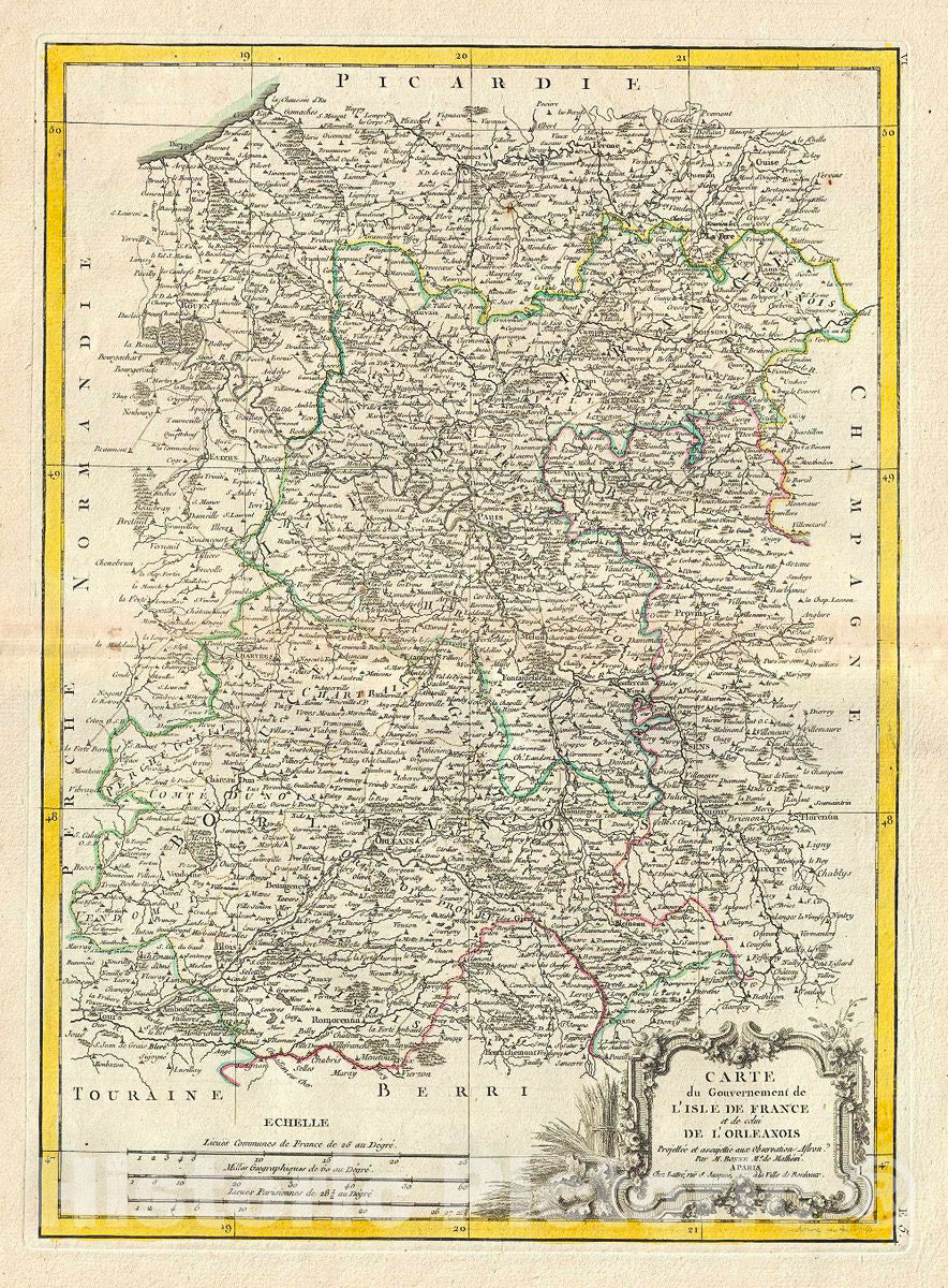 Historic Map : Bonne Map of Isle de France (Vicinity of Paris), anArtleans Region of France, 1778, Vintage Wall Art