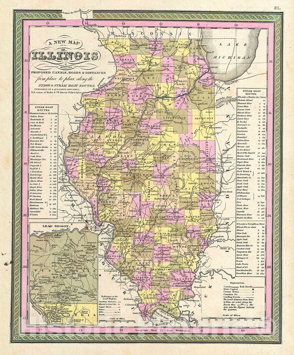 Historic Map : Mitchell Map of Illinois, Version 2, 1849, Vintage Wall Art