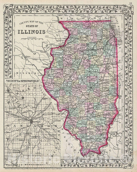 Historic Map : Mitchell Map of Illinois, Version 3, 1872, Vintage Wall Art