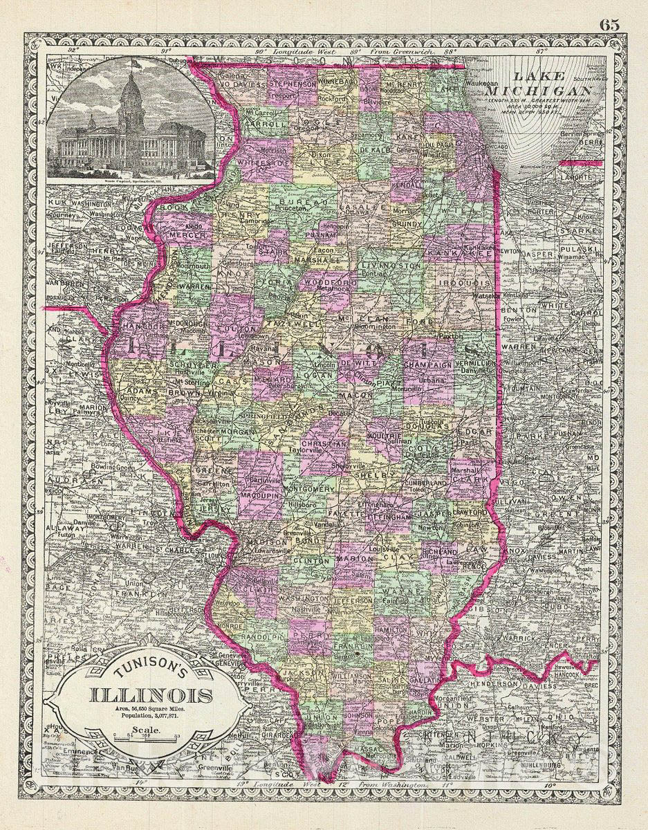 Historic Map : Tunison Map of Illinois, 1887, Vintage Wall Art