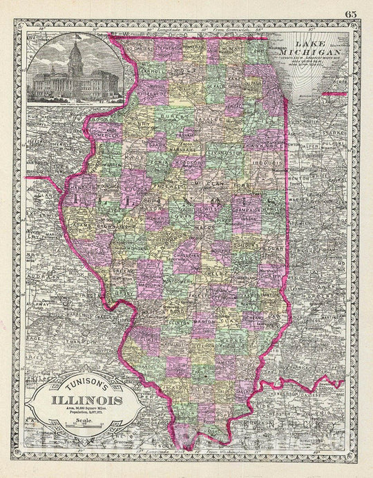 Historic Map : Tunison Map of Illinois, 1887, Vintage Wall Art