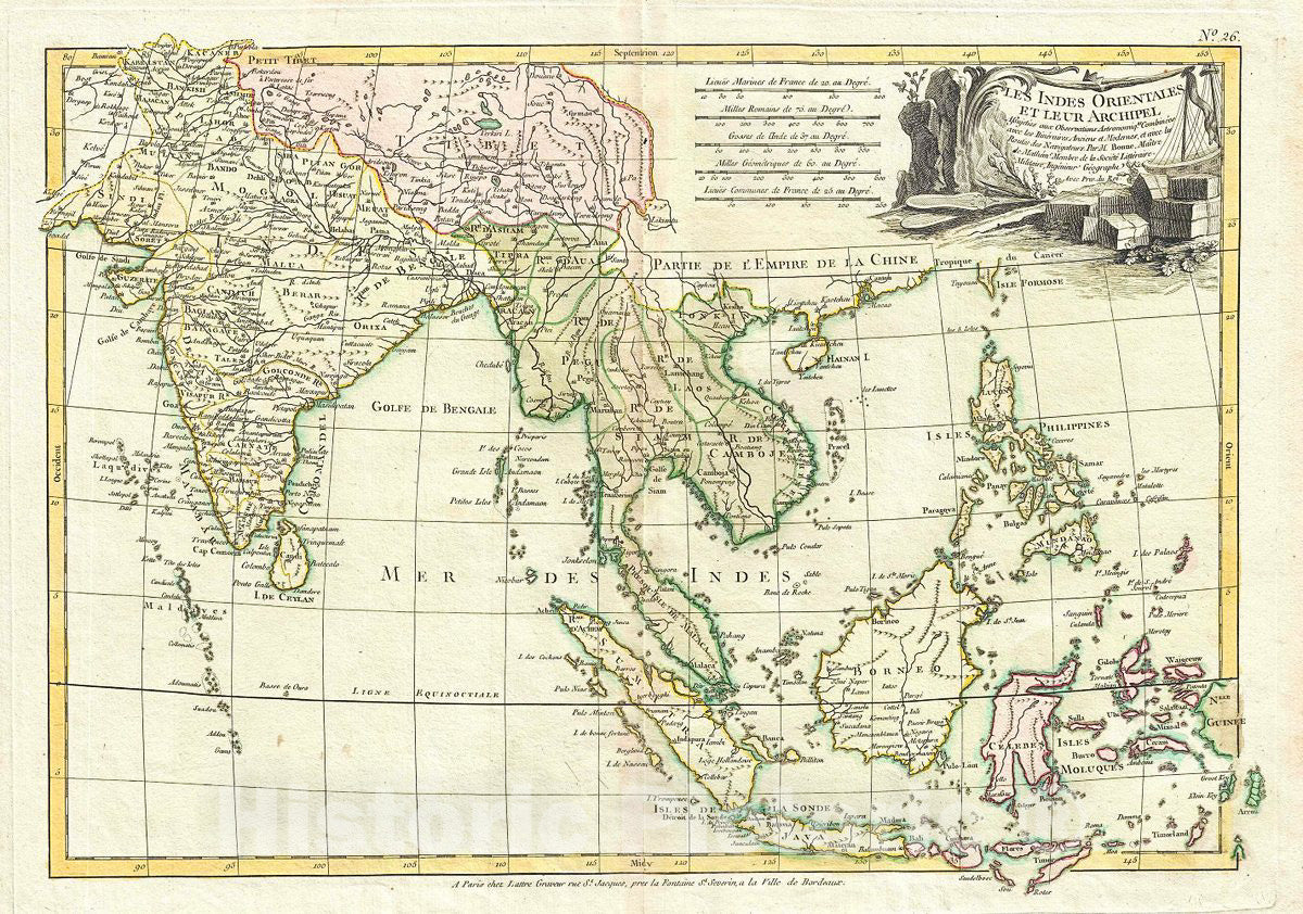 Historic Map : Janvier Map of India, Southeast Asia and East Indies (Thailand, Borneo, Singapore), 1783, Vintage Wall Art