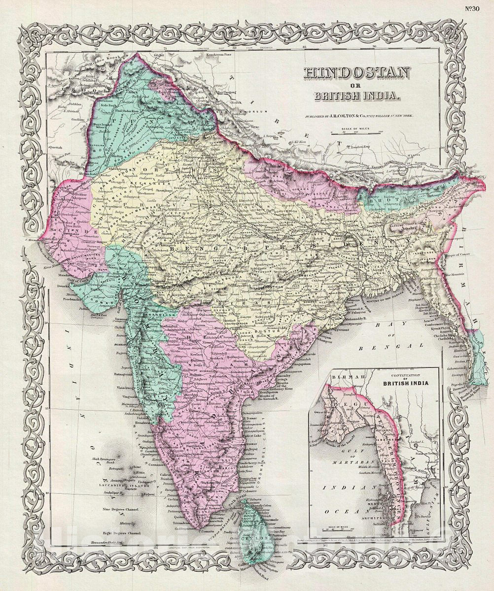 Historic Map : Colton Map of India, 1856, Vintage Wall Art
