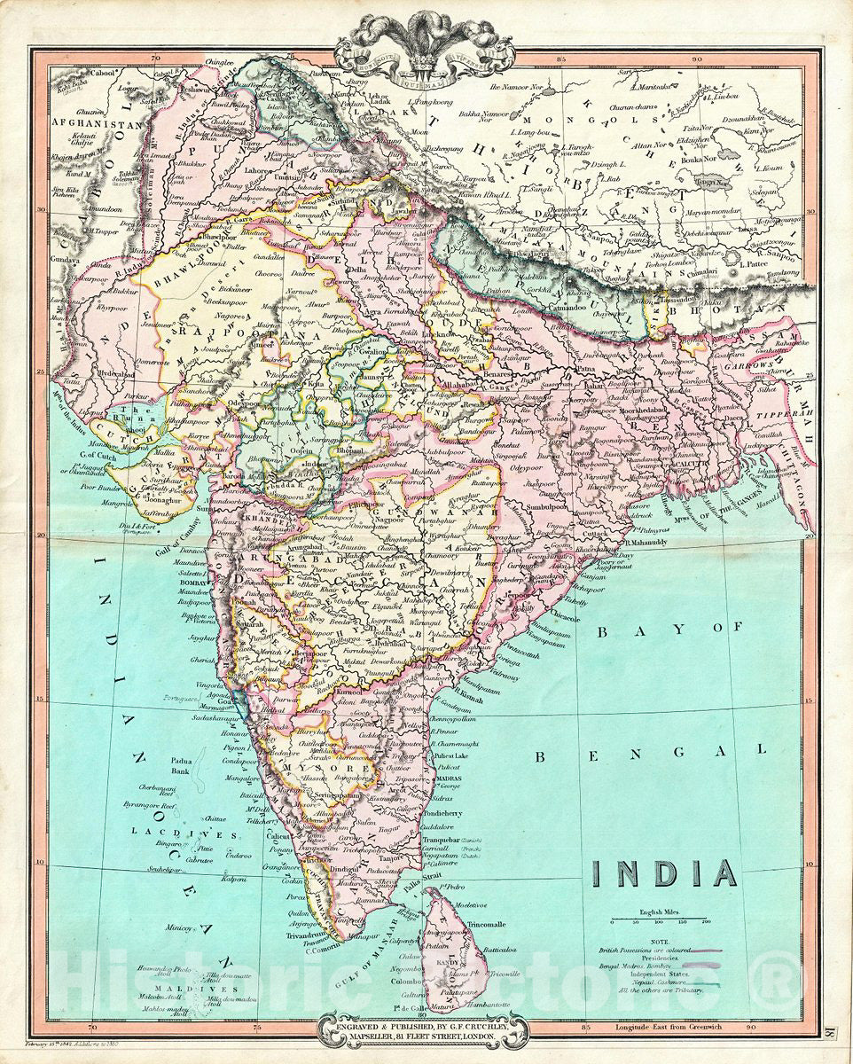 Historic Map : Cruchley Map of India, 1850, Vintage Wall Art
