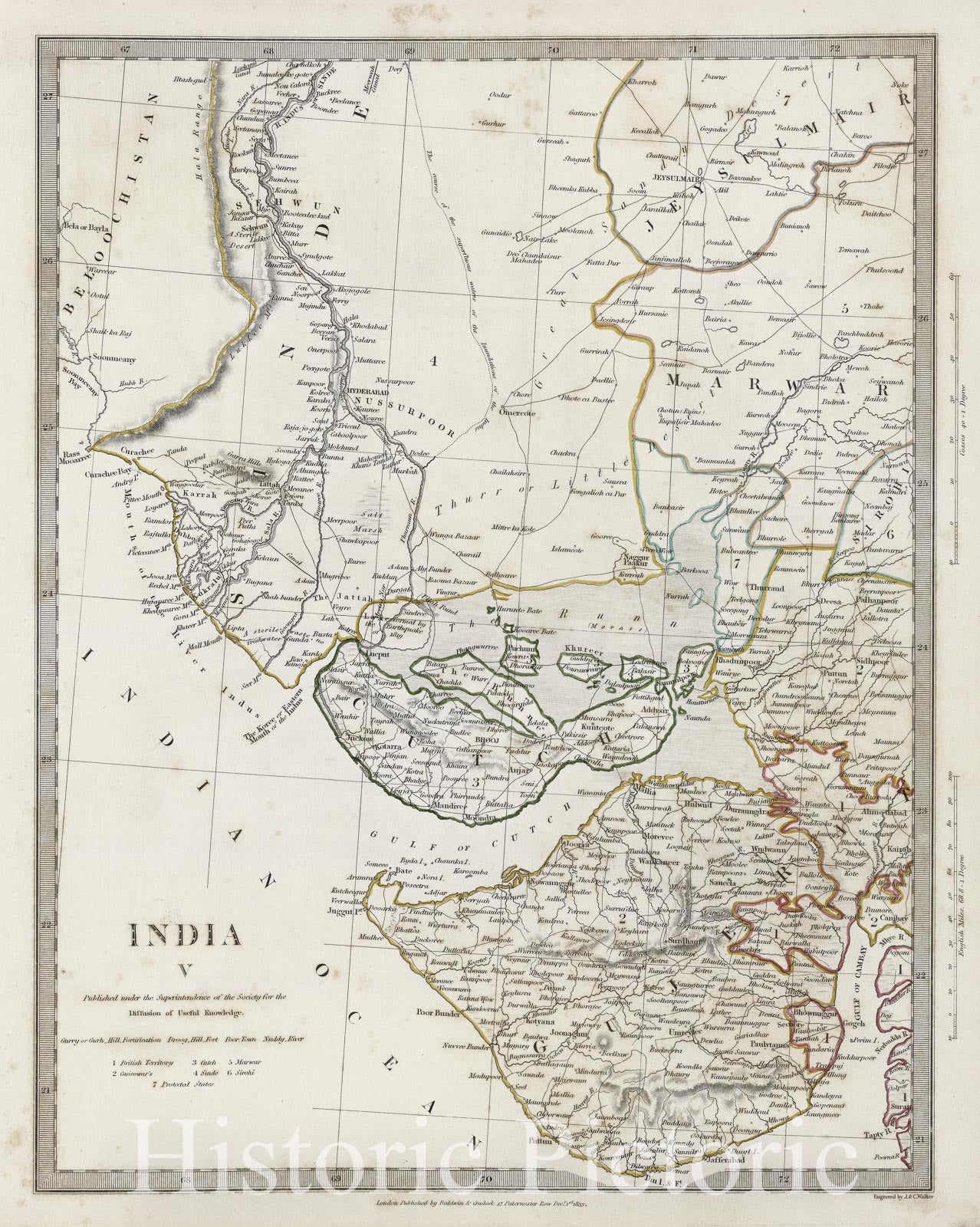 Historic Map : S.D.U.K. Subscriber's Edition Map of Western India (Gujarat), 1833, Vintage Wall Art