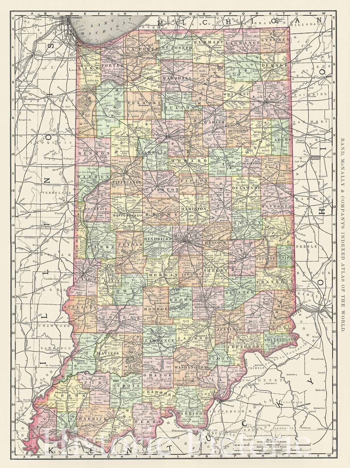 Historic Map : Rand McNally Map of Indiana, 1889, Vintage Wall Art