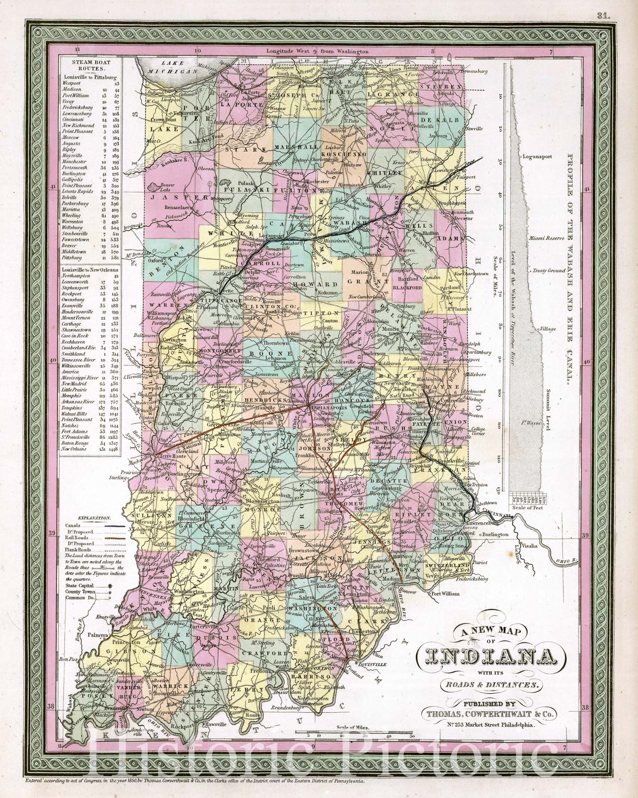 Historic Map : Mitchell Map of Indiana, Version 2, 1854, Vintage Wall Art