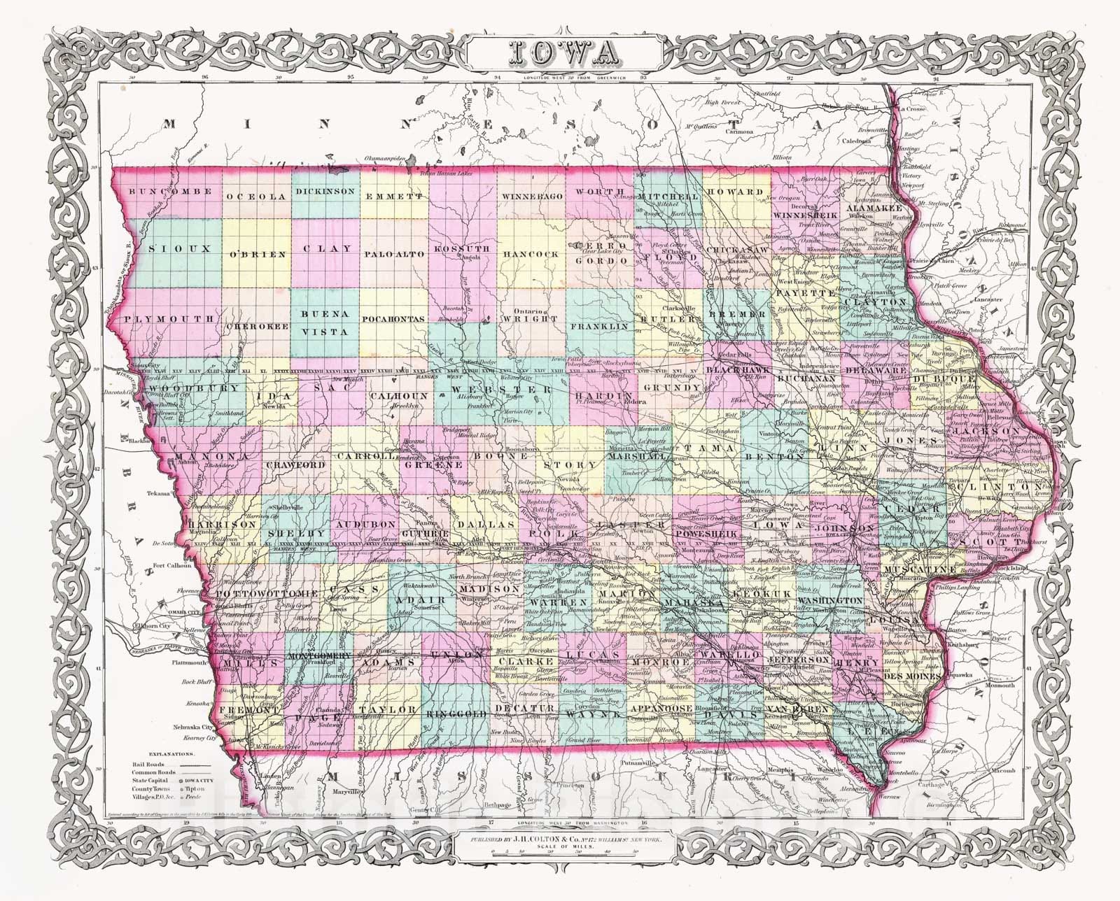 Historic Map : Colton Map of Iowa, 1856, Vintage Wall Art