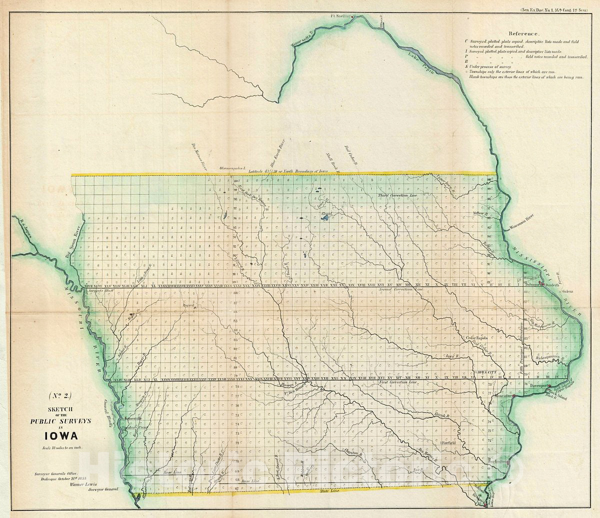 Historic Map : Public Survey Antique Map of Iowa, 1855, Vintage Wall Art