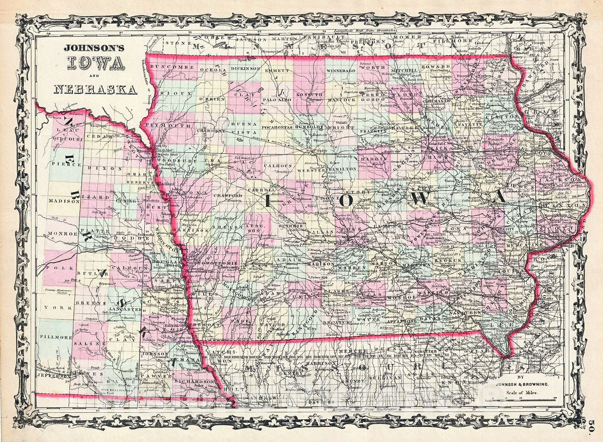 Historic Map : Johnson Map of Iowa and Nebraska, 1861, Vintage Wall Art