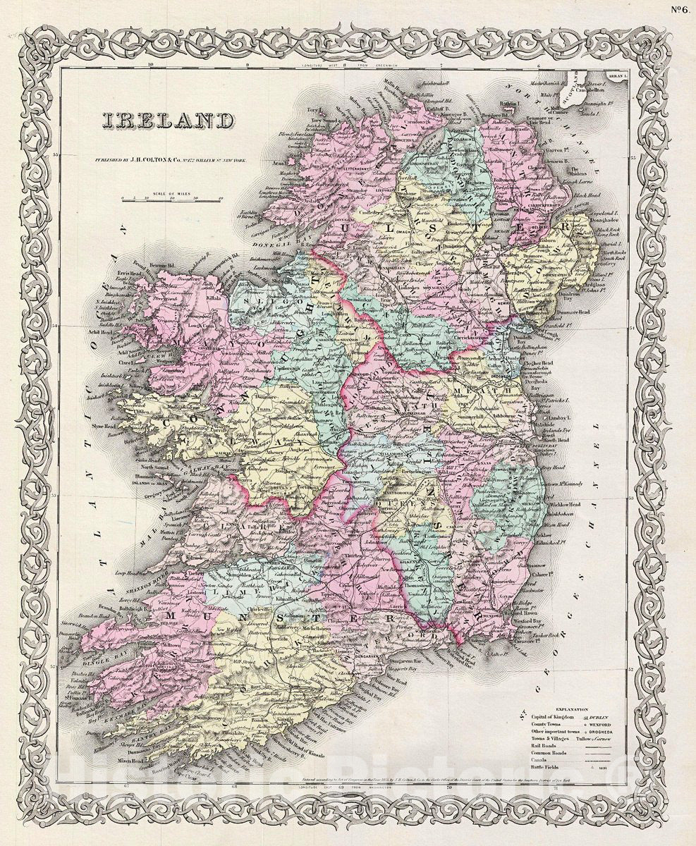 Historic Map : Colton Map of Ireland, 1856, Vintage Wall Art