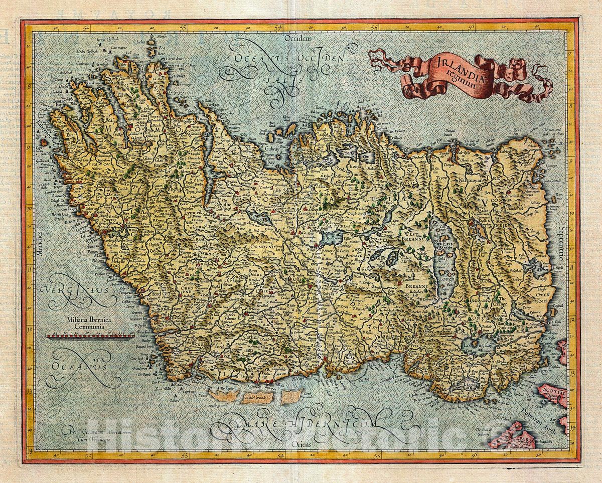 Historic Map : Mercator and Hondius Map of Ireland, 1606, Vintage Wall Art