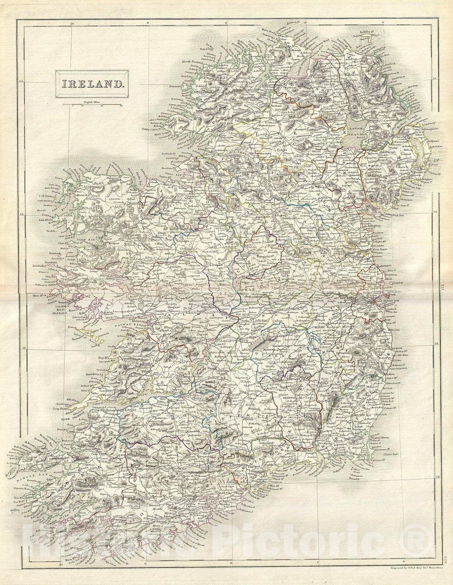Historic Map : Black Map of Ireland in Counties, 1844, Vintage Wall Art