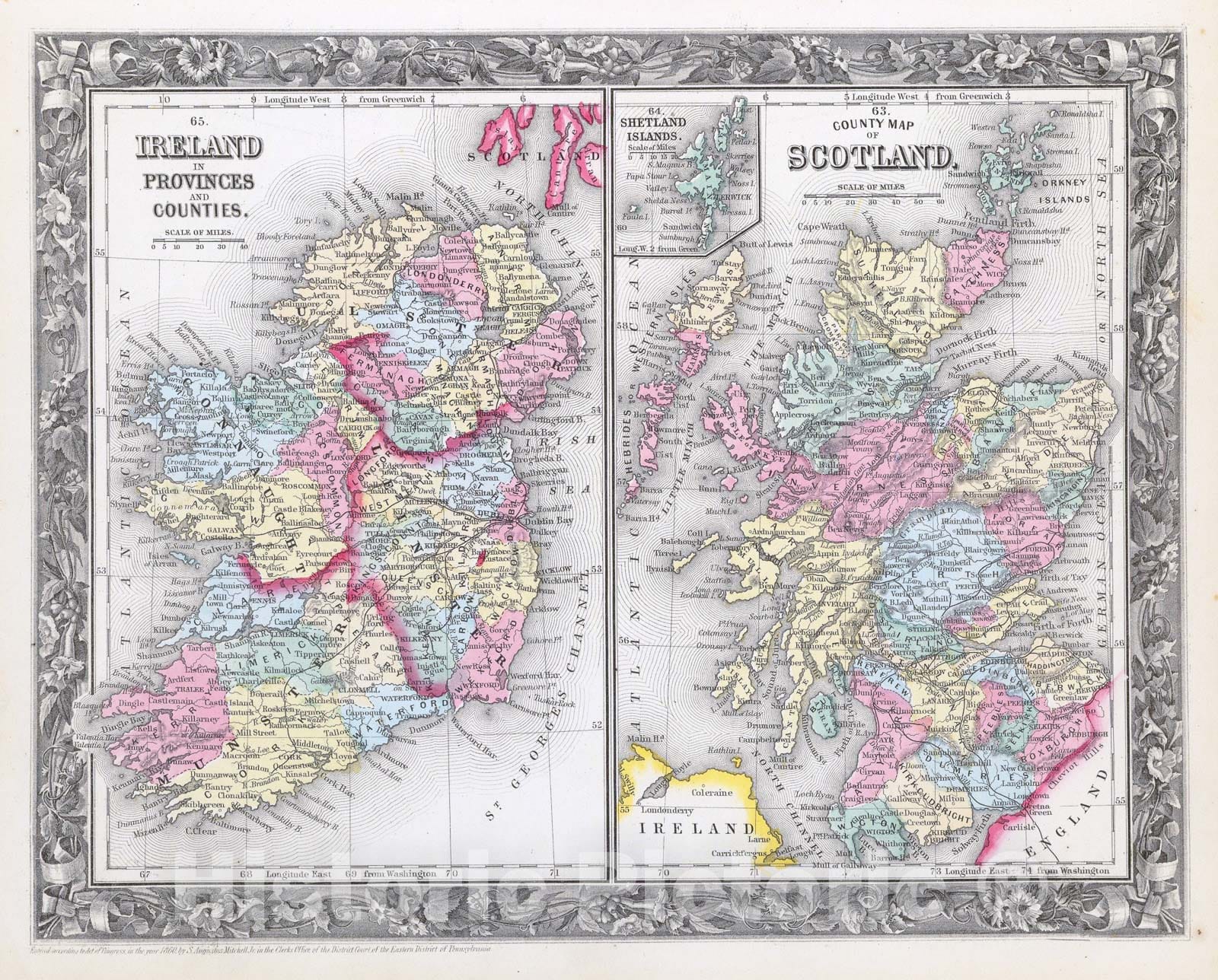 Historic Map : Mitchell Map of Ireland and Scotland, 1866, Vintage Wall Art