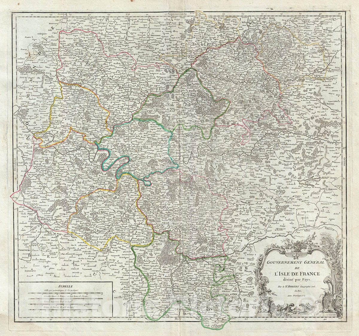 Historic Map : Vaugondy Antique Map of The ILE de France Region, France (Paris), 1754, Vintage Wall Art