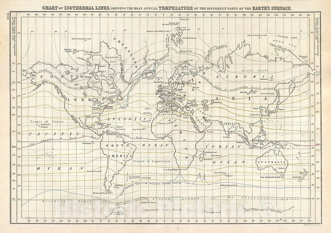 Historic Map : Black Map or Chart of The Isothermal Lines Showing The World's Temperatures, 1844, Vintage Wall Art