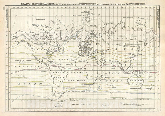 Historic Map : Black Map or Chart of The Isothermal Lines Showing The World's Temperatures, 1844, Vintage Wall Art