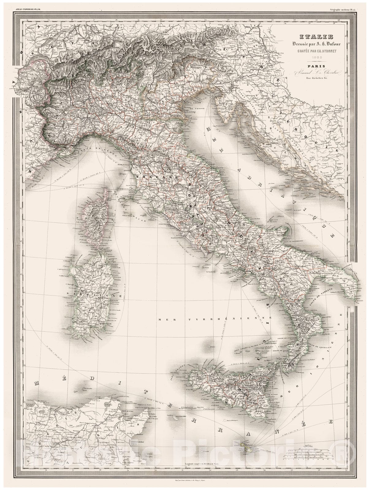 Historic Map : Dufour Map of Italy, 1860, Vintage Wall Art