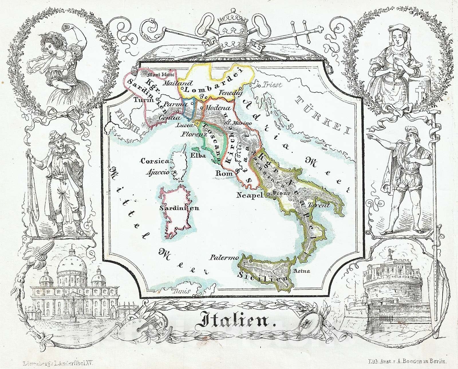 Historic Map : Lowenberg Whimsical Map of Italy, 1846, Vintage Wall Art