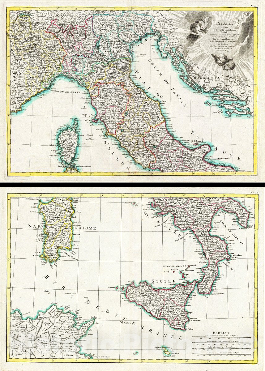 Historic Map : RizziZannoni Map of Italy (2 Parts), 1783, Vintage Wall Art