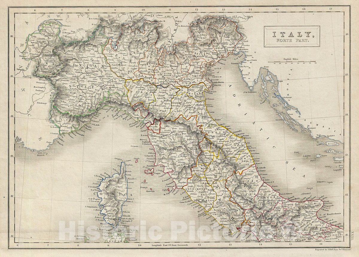 Historic Map : Black Map of North Italy: Tuscany, Piedmont, Venice, 1840, Vintage Wall Art