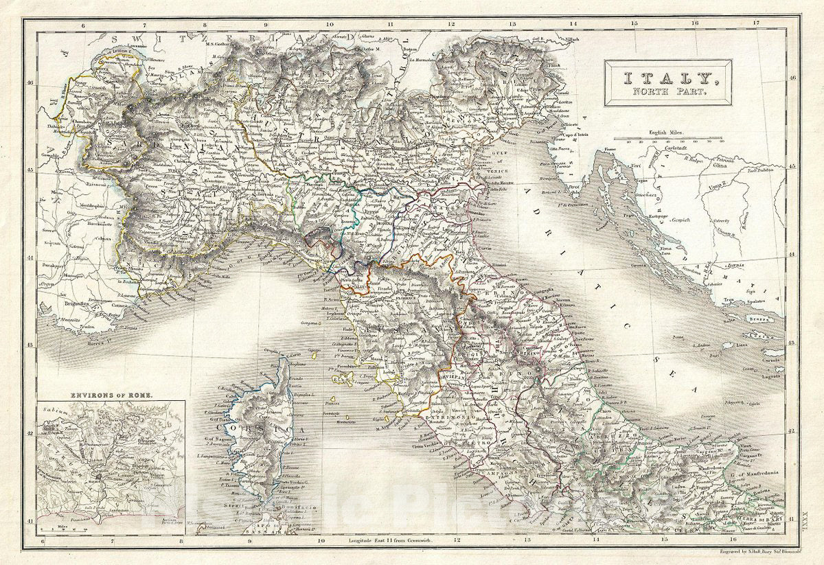 Historic Map : Black Map of Northern Italy (Tuscany, Piedmont, Venice), 1844, Vintage Wall Art