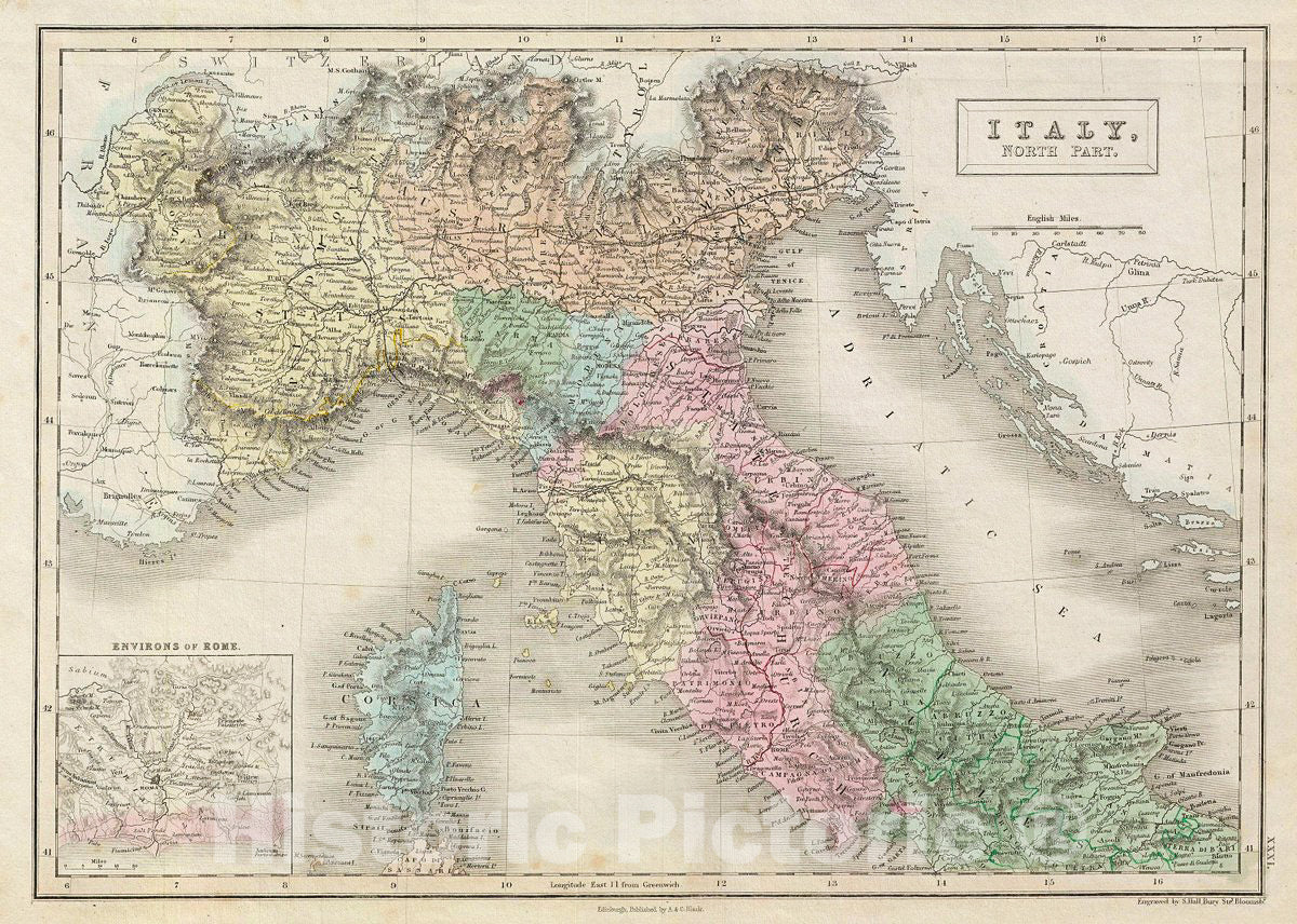 Historic Map : Black Map of Northern Italy (Tuscany, Piedmont, Venice), Version 2, 1851, Vintage Wall Art