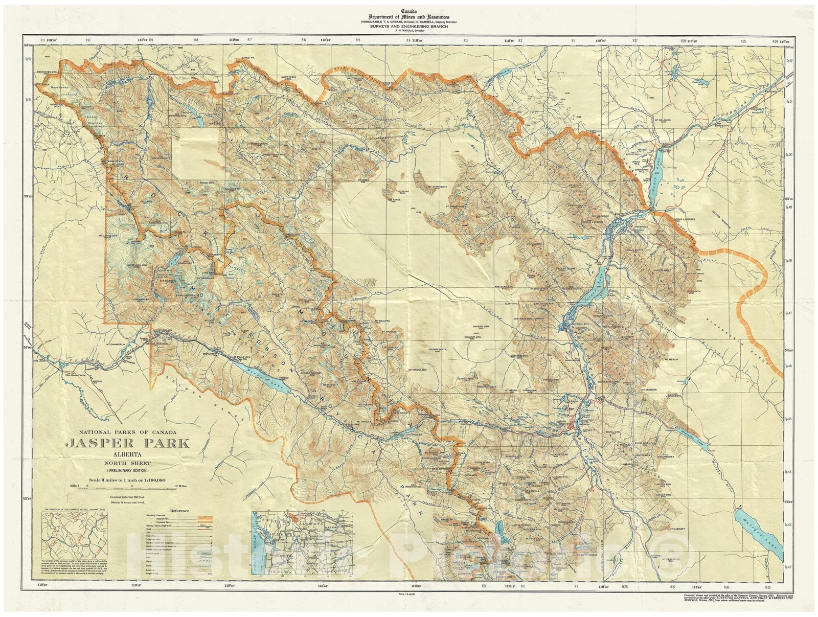 Historic Map : Topographic Map of Jasper Park, Alberta, Canada (Rocky Mountains), 1939, Vintage Wall Art