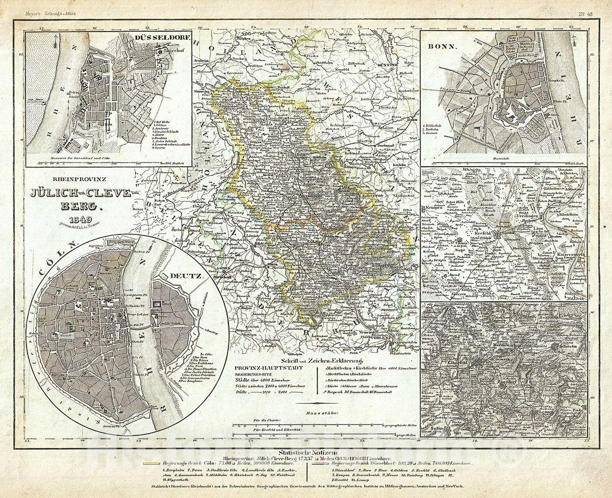 Historic Map : Meyer Map of The Province of JulichClevesBerg, Rhine Province, Germany, 1849, Vintage Wall Art