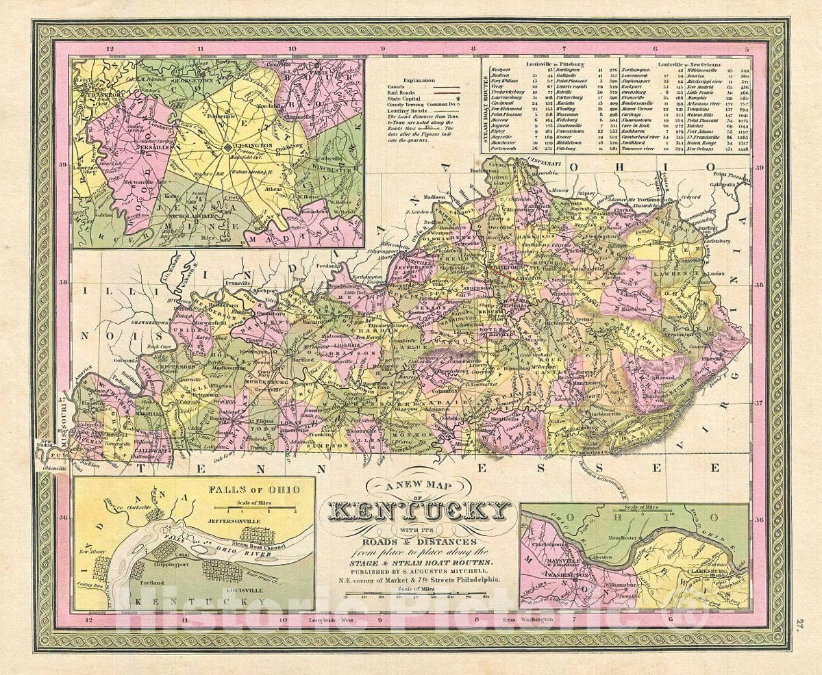 Historic Map : Mitchell Map of Kentucky, 1849, Vintage Wall Art