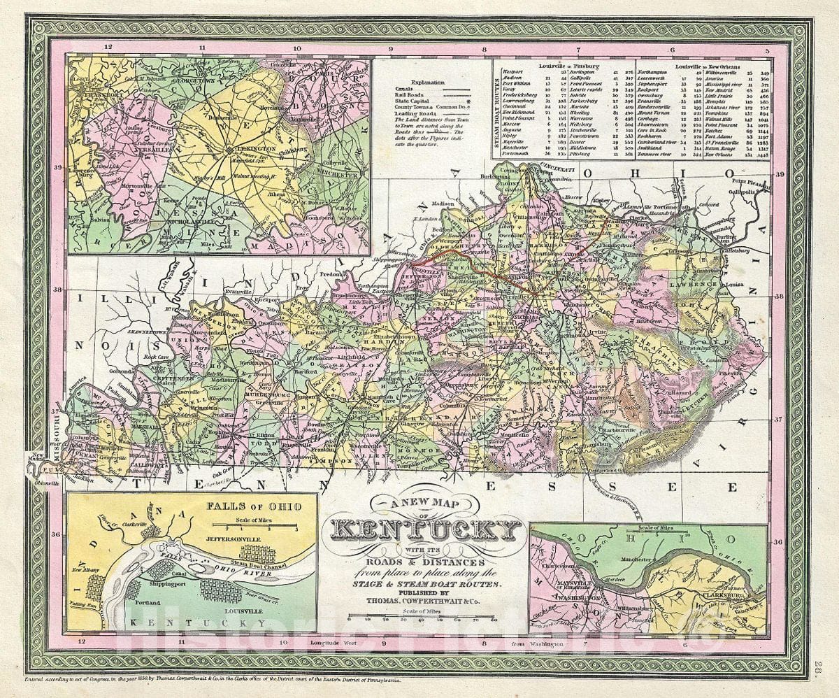 Historic Map : Mitchell Map of Kentucky, Version 2, 1854, Vintage Wall Art